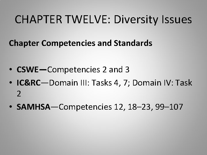 CHAPTER TWELVE: Diversity Issues Chapter Competencies and Standards • CSWE—Competencies 2 and 3 •