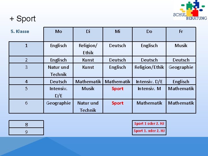 + Sport 5. Klasse 1 2 3 4 5 6 8 9 Mo Di