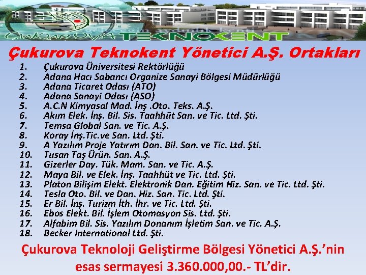 Çukurova Teknokent Yönetici A. Ş. Ortakları 1. 2. 3. 4. 5. 6. 7. 8.