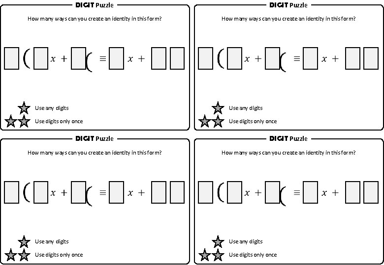 DIGIT Puzzle How many ways can you create an identity in this form? Use