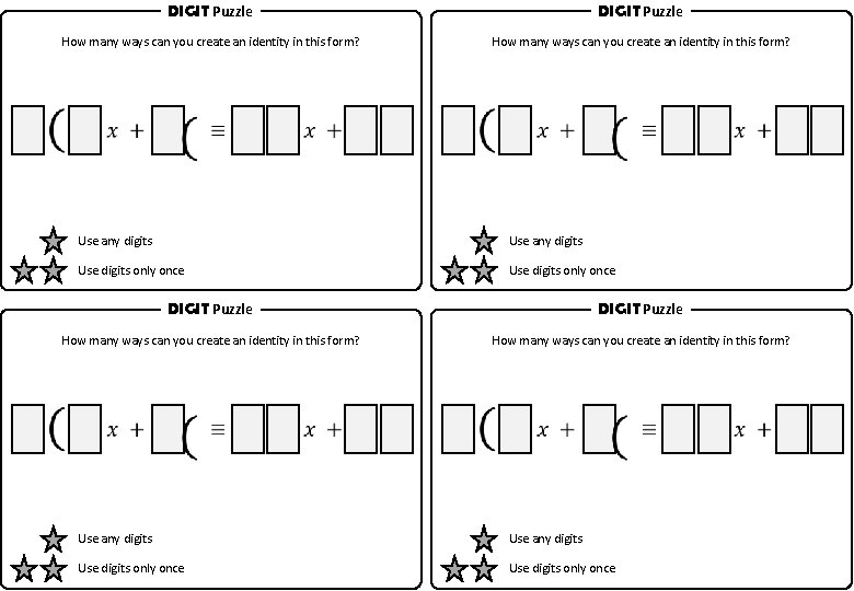 DIGIT Puzzle How many ways can you create an identity in this form? Use