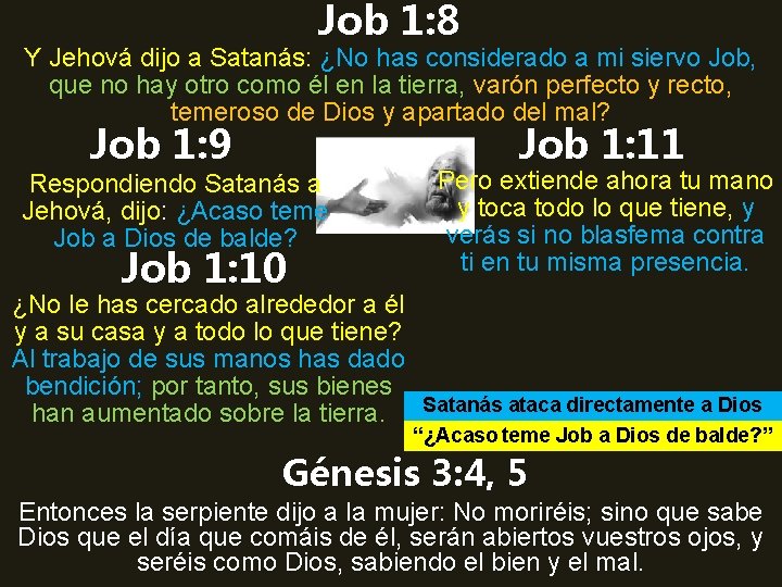Job 1: 8 Y Jehová dijo a Satanás: ¿No has considerado a mi siervo