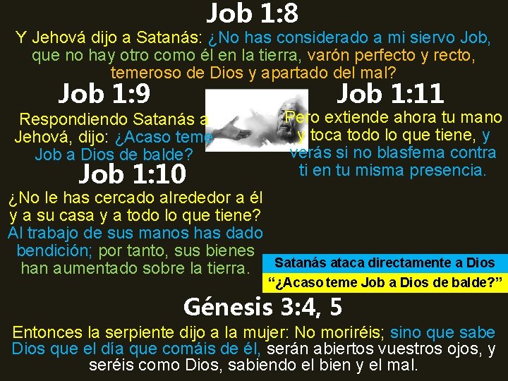 Job 1: 8 Y Jehová dijo a Satanás: ¿No has considerado a mi siervo