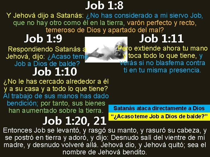 Job 1: 8 Y Jehová dijo a Satanás: ¿No has considerado a mi siervo