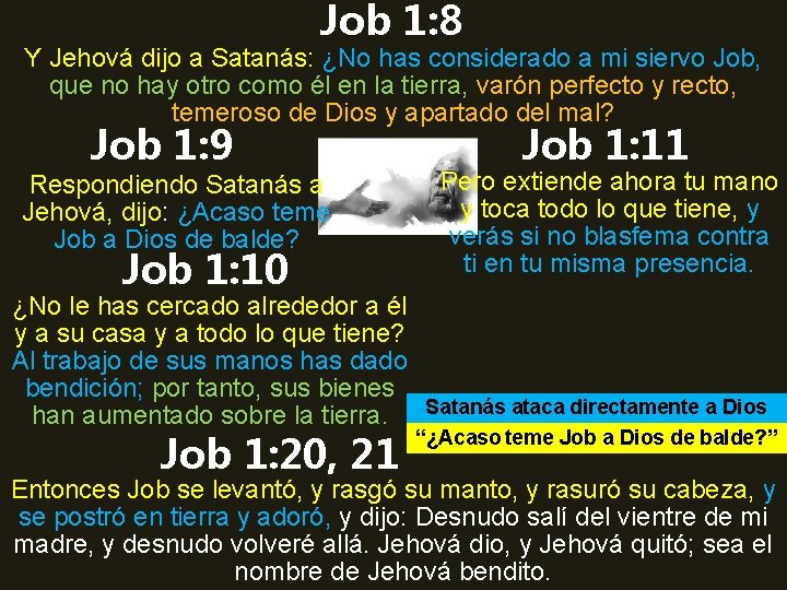 Job 1: 8 Y Jehová dijo a Satanás: ¿No has considerado a mi siervo