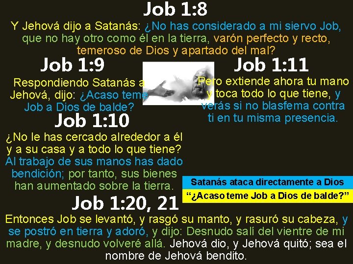 Job 1: 8 Y Jehová dijo a Satanás: ¿No has considerado a mi siervo