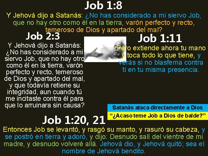 Job 1: 8 Y Jehová dijo a Satanás: ¿No has considerado a mi siervo