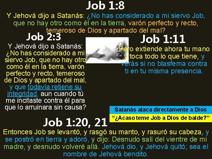 Job 1: 8 Y Jehová dijo a Satanás: ¿No has considerado a mi siervo