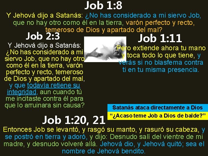 Job 1: 8 Y Jehová dijo a Satanás: ¿No has considerado a mi siervo