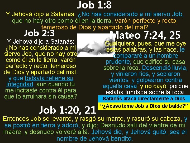 Job 1: 8 Y Jehová dijo a Satanás: ¿No has considerado a mi siervo