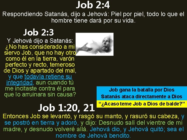 Job 2: 4 Respondiendo Satanás, dijo a Jehová: Piel por piel, todo lo que