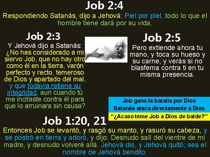 Job 2: 4 Respondiendo Satanás, dijo a Jehová: Piel por piel, todo lo que