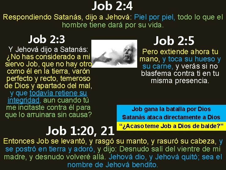 Job 2: 4 Respondiendo Satanás, dijo a Jehová: Piel por piel, todo lo que
