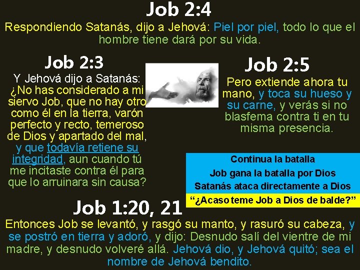 Job 2: 4 Respondiendo Satanás, dijo a Jehová: Piel por piel, todo lo que