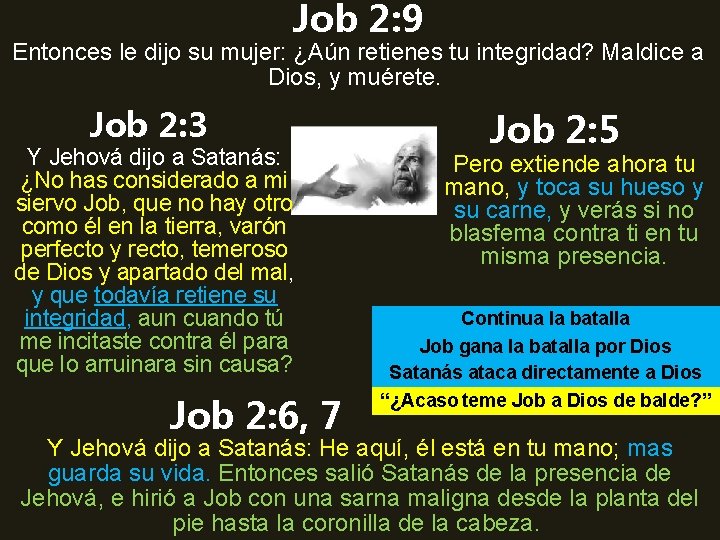 Job 2: 9 Entonces le dijo su mujer: ¿Aún retienes tu integridad? Maldice a