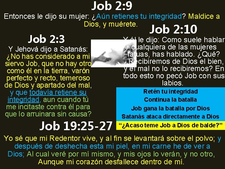 Job 2: 9 Entonces le dijo su mujer: ¿Aún retienes tu integridad? Maldice a