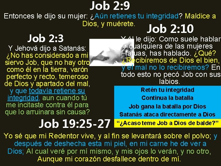 Job 2: 9 Entonces le dijo su mujer: ¿Aún retienes tu integridad? Maldice a