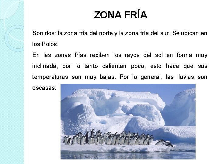 ZONA FRÍA Son dos: la zona fría del norte y la zona fría del