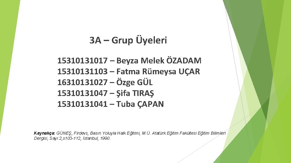 3 A – Grup Üyeleri 1531017 – Beyza Melek ÖZADAM 15310131103 – Fatma Rümeysa