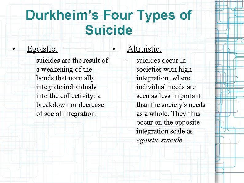 Durkheim’s Four Types of Suicide • Egoistic: – suicides are the result of a