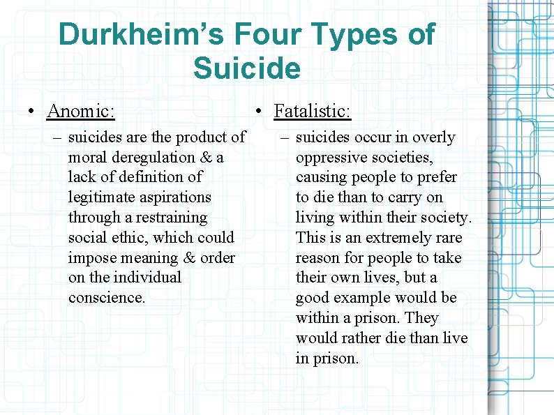 Durkheim’s Four Types of Suicide • Anomic: – suicides are the product of moral