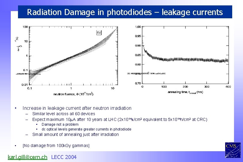 Radiation Damage in photodiodes – leakage currents • Increase in leakage current after neutron