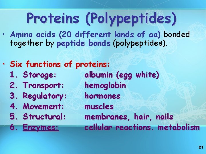 Proteins (Polypeptides) • Amino acids (20 different kinds of aa) bonded together by peptide