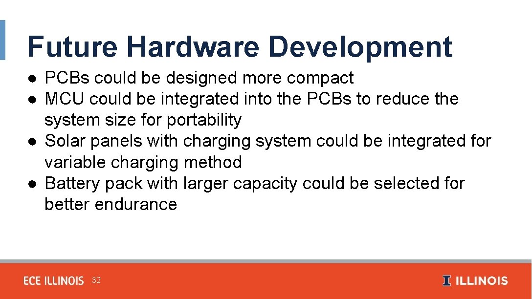 Future Hardware Development ● PCBs could be designed more compact ● MCU could be
