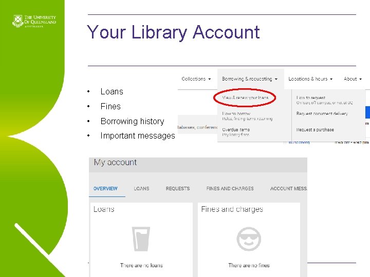 Your Library Account • Loans • Fines • Borrowing history • Important messages Name