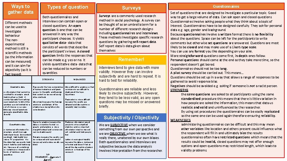 Ways to gather data Different methods can be used to investigate behaviour The nonexperimental