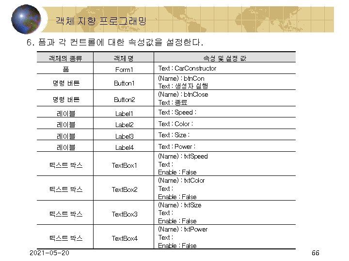 객체 지향 프로그래밍 6. 폼과 각 컨트롤에 대한 속성값을 설정한다. 객체의 종류 객체 명