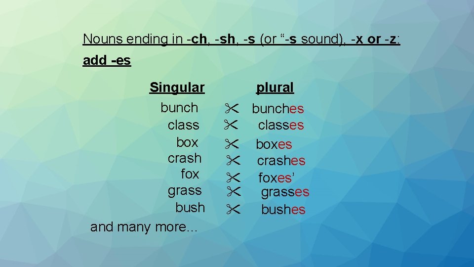 Nouns ending in -ch, -s (or “-s sound), -x or -z: add -es Singular