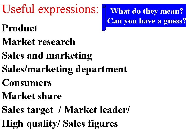 Useful expressions: What do they mean? Can you have a guess? Product Market research