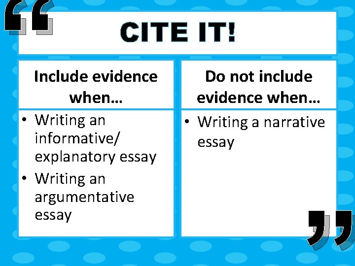 “ CITE IT! Include evidence when… Do not include evidence when… • Writing an