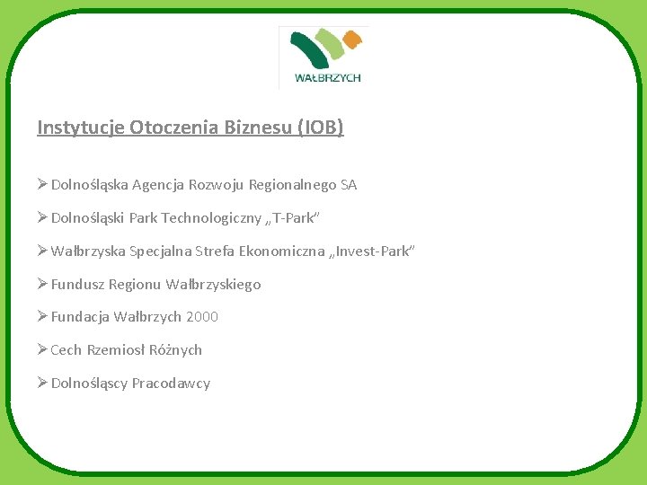 Instytucje Otoczenia Biznesu (IOB) Dolnośląska Agencja Rozwoju Regionalnego SA Dolnośląski Park Technologiczny „T-Park” Wałbrzyska