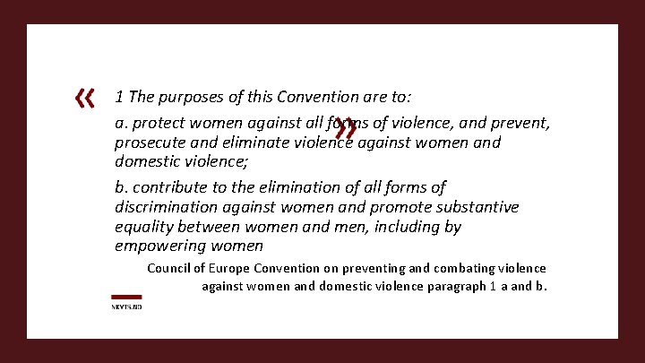 1 The purposes of this Convention are to: a. protect women against all forms