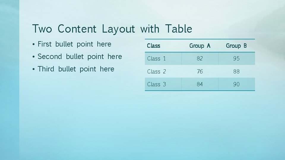Two Content Layout with Table • First bullet point here Class • Second bullet