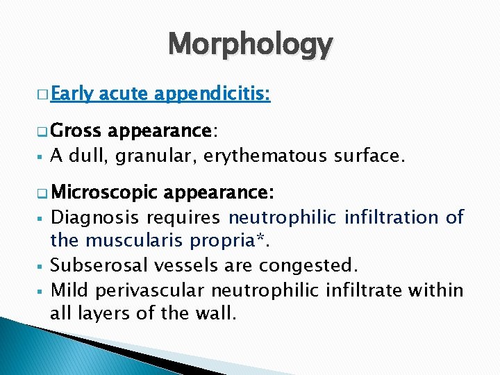 Morphology � Early acute appendicitis: q Gross § appearance: A dull, granular, erythematous surface.