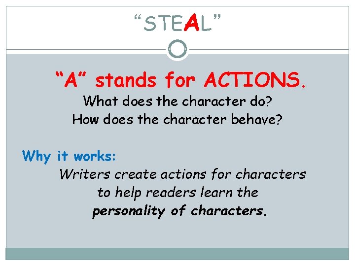 “STEAL” “A” stands for ACTIONS. What does the character do? How does the character