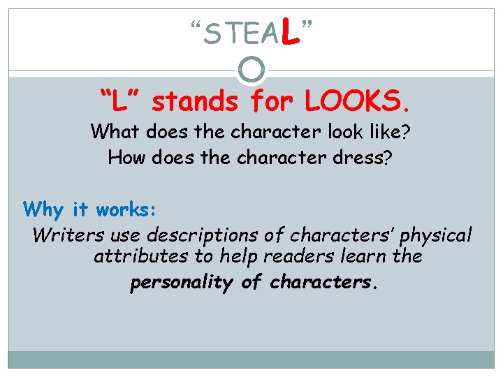 “STEAL” “L” stands for LOOKS. What does the character look like? How does the