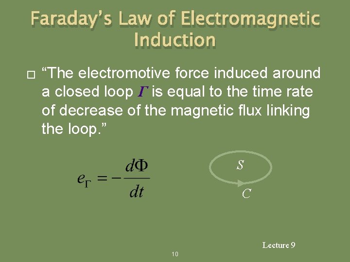 Faraday’s Law of Electromagnetic Induction � “The electromotive force induced around a closed loop