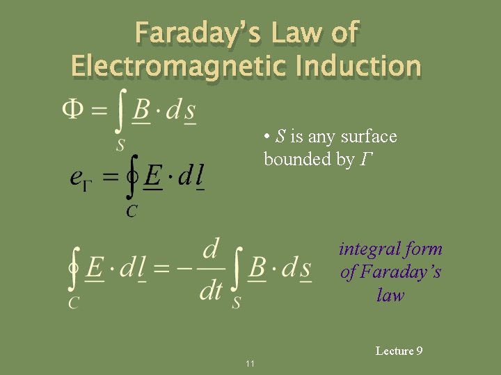 Faraday’s Law of Electromagnetic Induction • S is any surface bounded by Γ integral