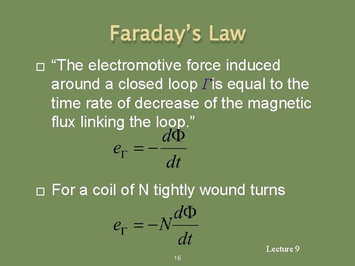 Faraday’s Law � � “The electromotive force induced around a closed loop Γis equal