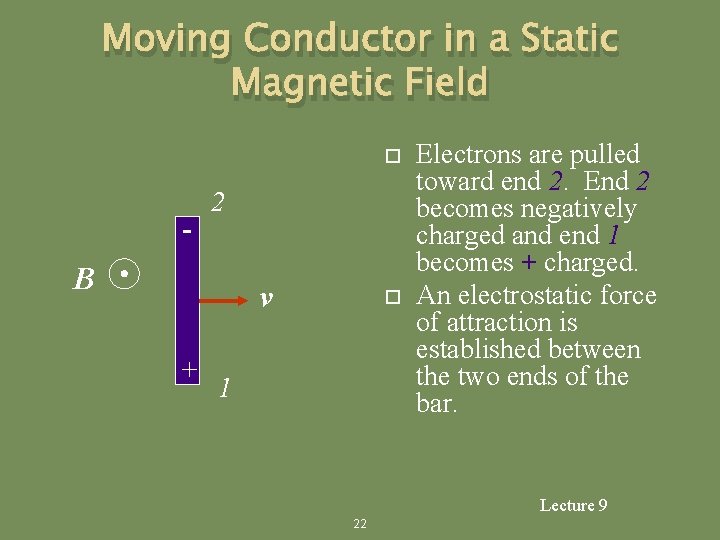 Moving Conductor in a Static Magnetic Field - 2 B v + 1 Electrons