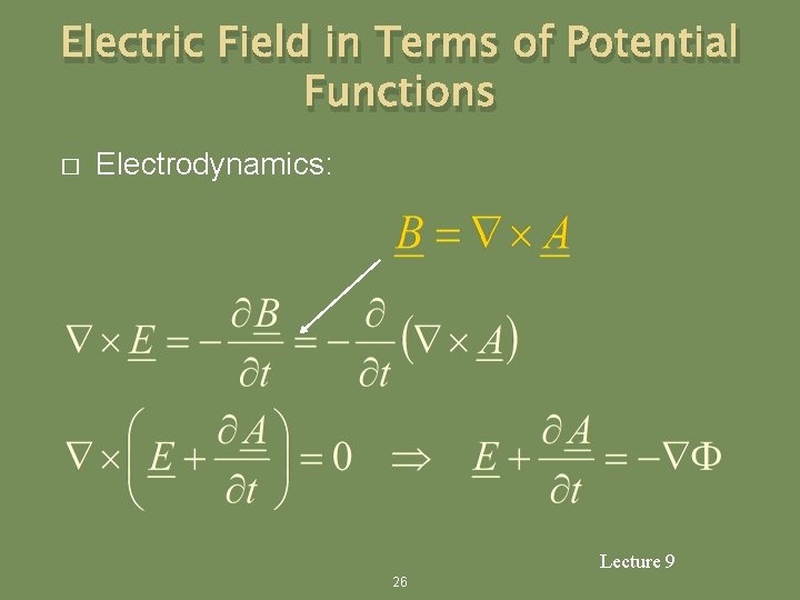 Electric Field in Terms of Potential Functions � Electrodynamics: Lecture 9 26 