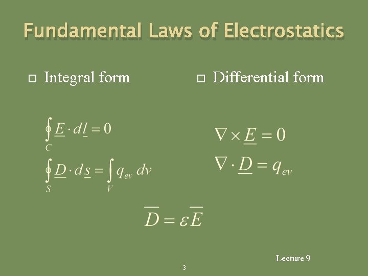 Fundamental Laws of Electrostatics Integral form Differential form Lecture 9 3 