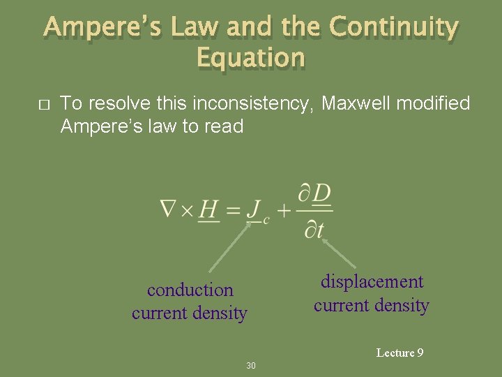 Ampere’s Law and the Continuity Equation � To resolve this inconsistency, Maxwell modified Ampere’s