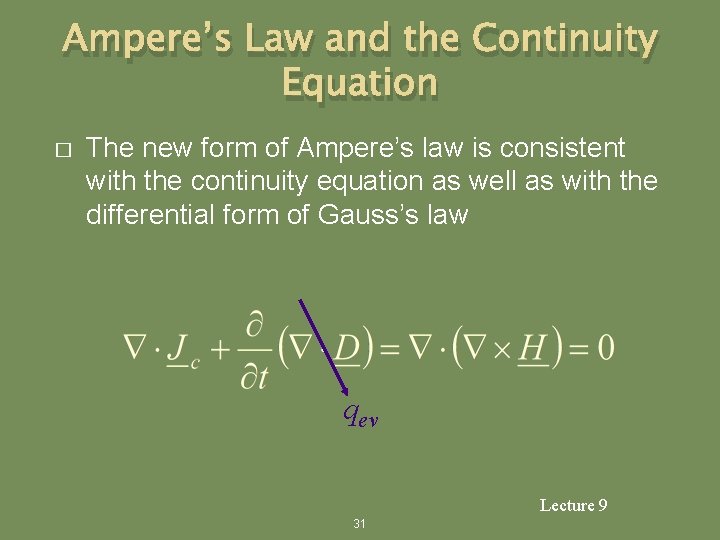 Ampere’s Law and the Continuity Equation � The new form of Ampere’s law is