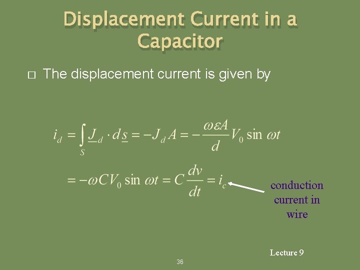 Displacement Current in a Capacitor � The displacement current is given by conduction current