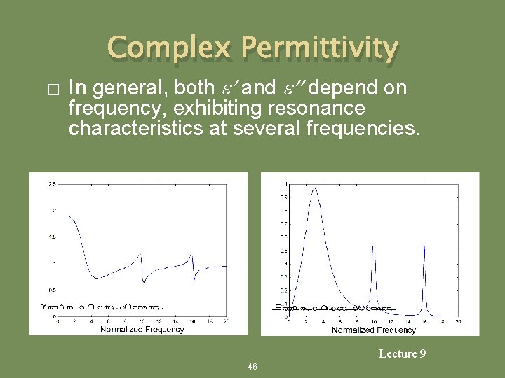 Complex Permittivity � In general, both e and e depend on frequency, exhibiting resonance